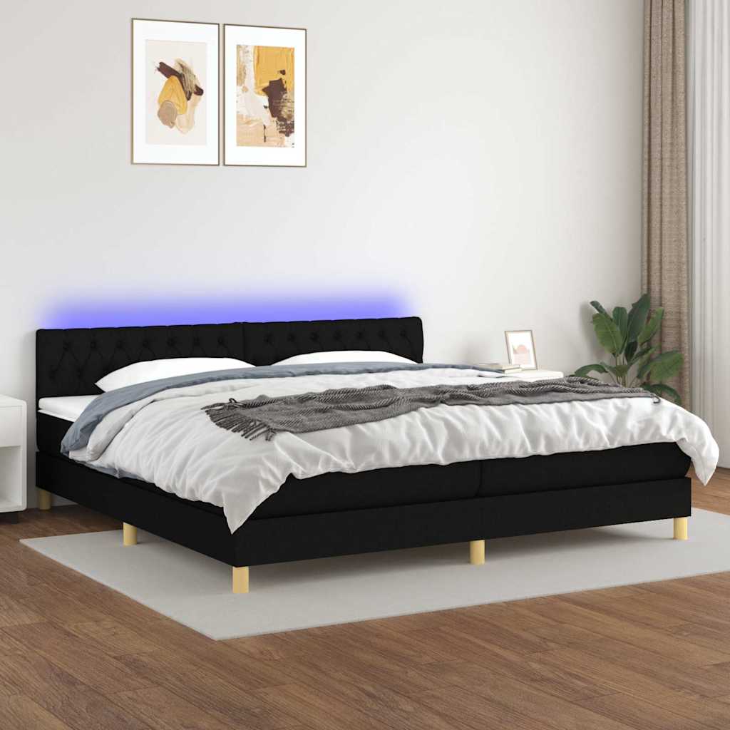 Fekete szövet rugós és LED-es ágy matraccal 200x200 cm