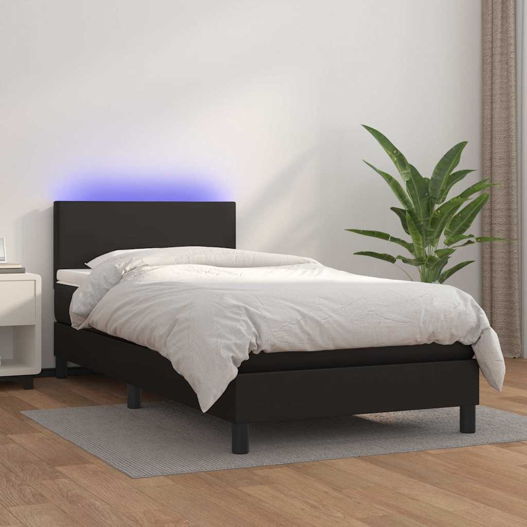 Fekete műbőr rugós ágy matraccal és LED-del 80 x 200 cm