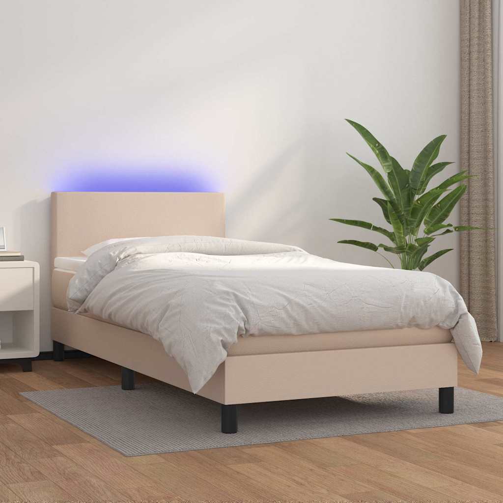 Cappuccino színű műbőr rugós ágy matraccal és LED-del 100x200cm