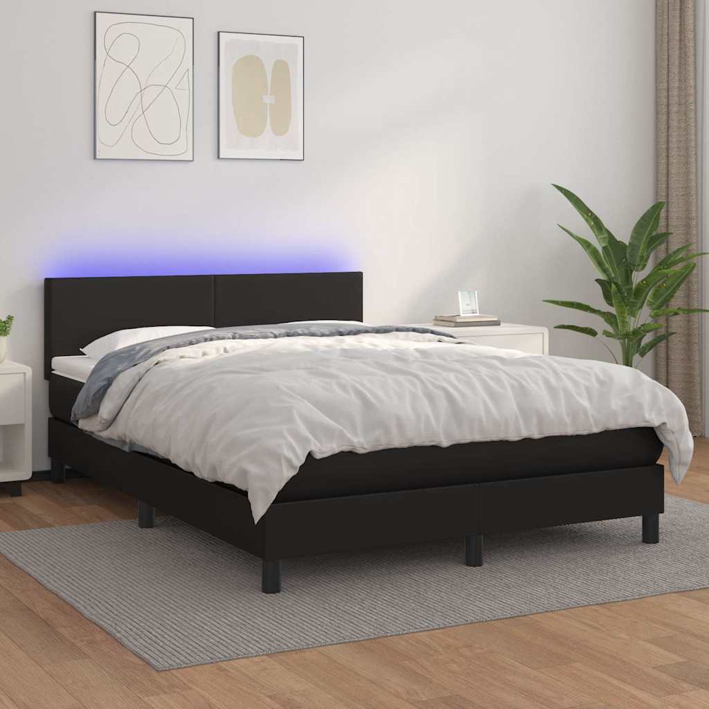 Fekete műbőr rugós ágy matraccal és LED-del 140x200 cm