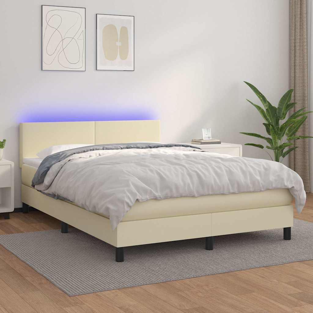 Krémszínű műbőr rugós ágy matraccal és LED-del 140x200 cm