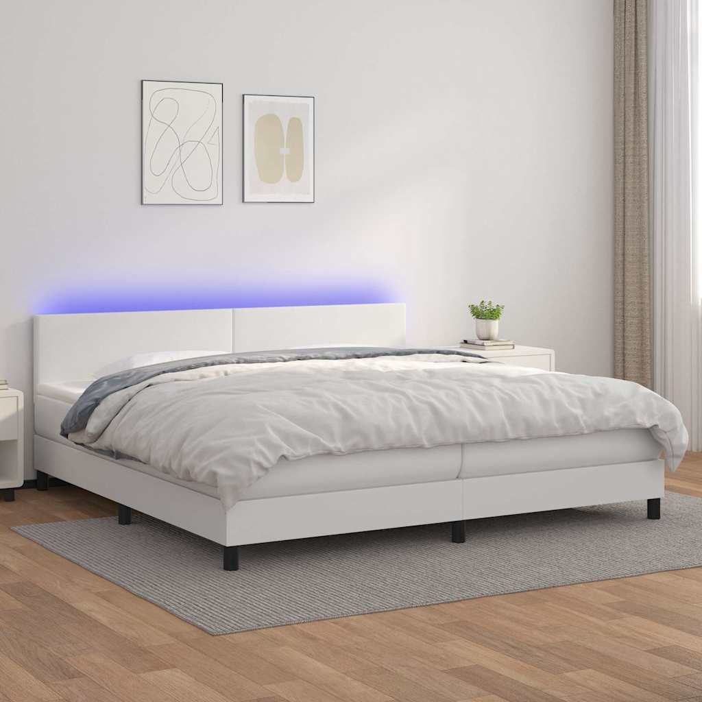 Fehér műbőr rugós ágy matraccal és LED-del 200x200 cm