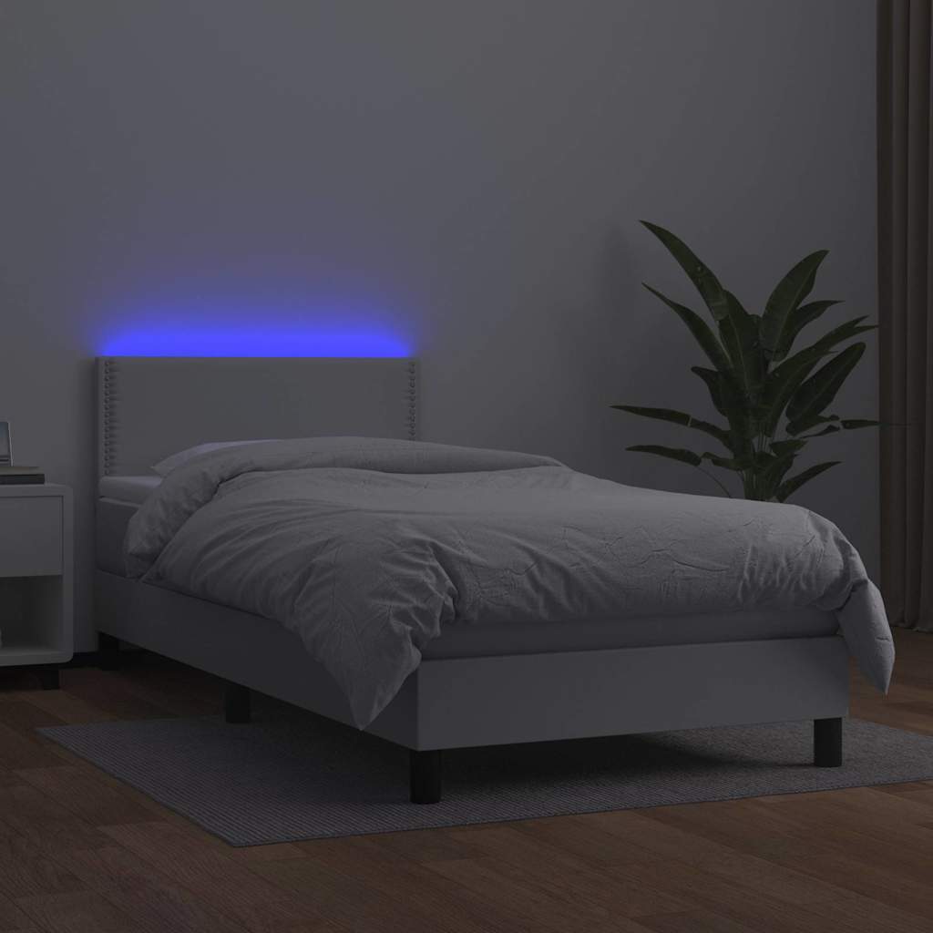 Fehér műbőr rugós ágy matraccal és LED-del 100x200 cm 4