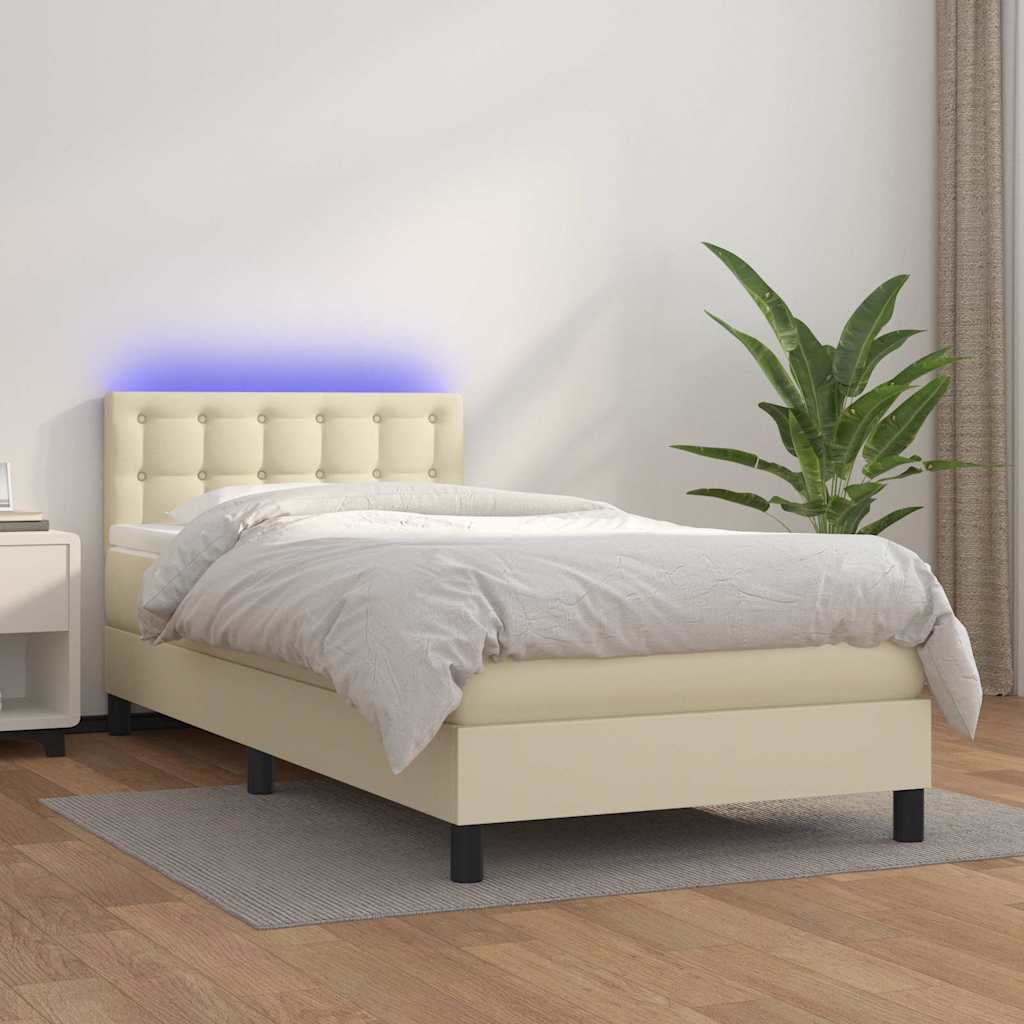 Krémszínű műbőr rugós ágy matraccal és LED-del 90x190 cm