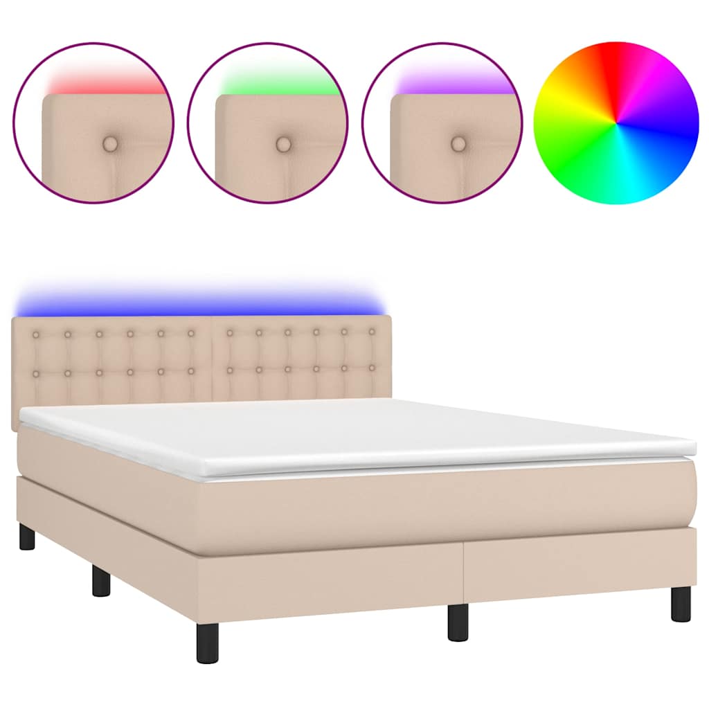 Cappuccino színű műbőr rugós ágy matraccal és LED-del 140x200cm 2