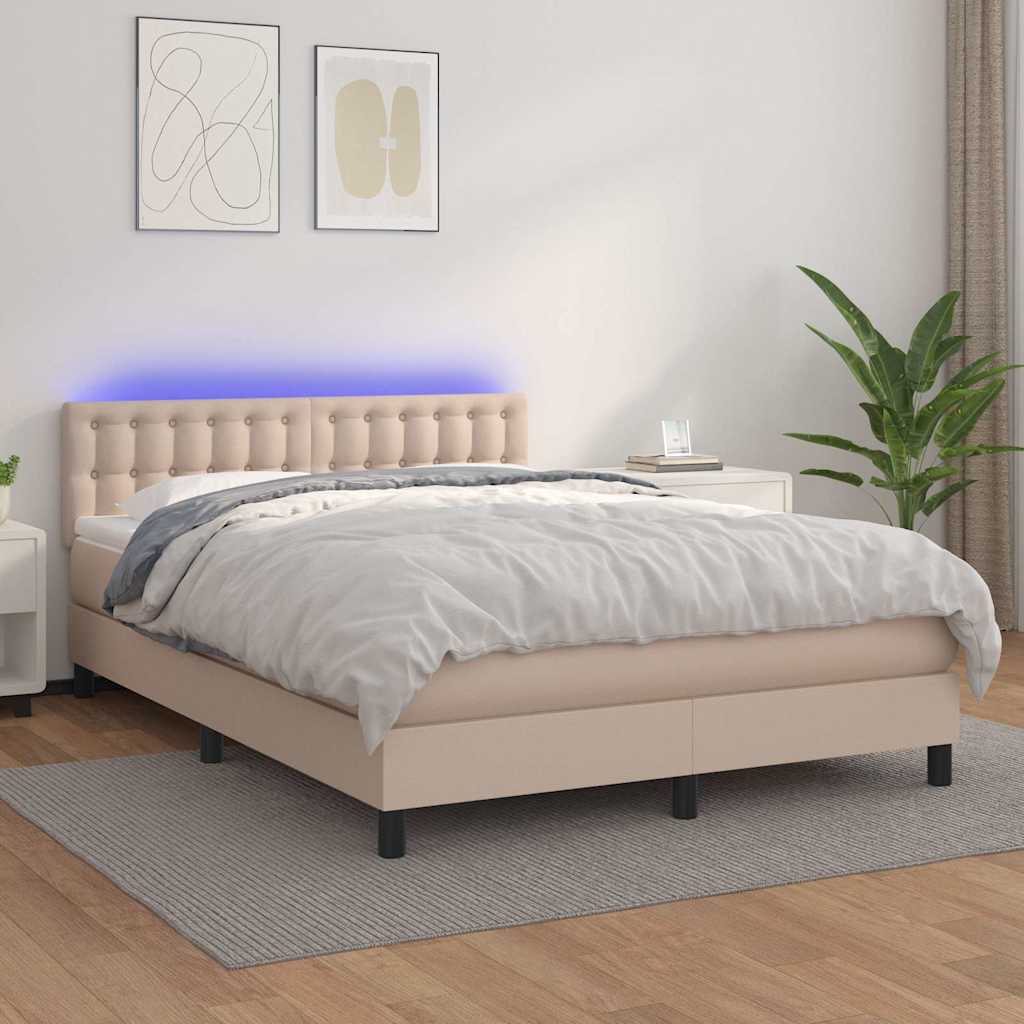 Cappuccino színű műbőr rugós ágy matraccal és LED-del 140x200cm