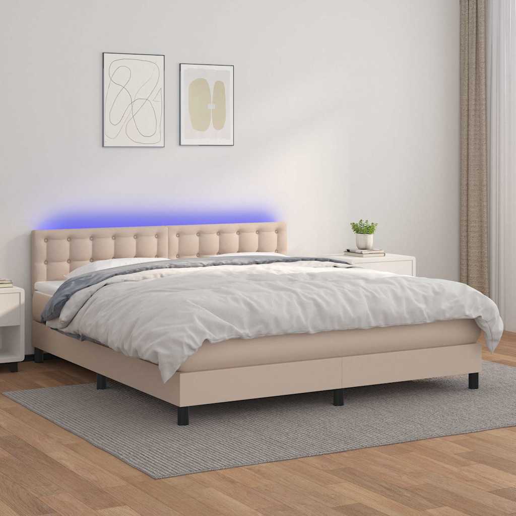 Cappuccino színű műbőr rugós ágy matraccal és LED-del 160x200cm