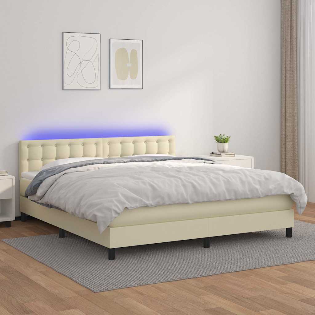 Krémszínű műbőr rugós ágy matraccal és LED-del 180x200 cm