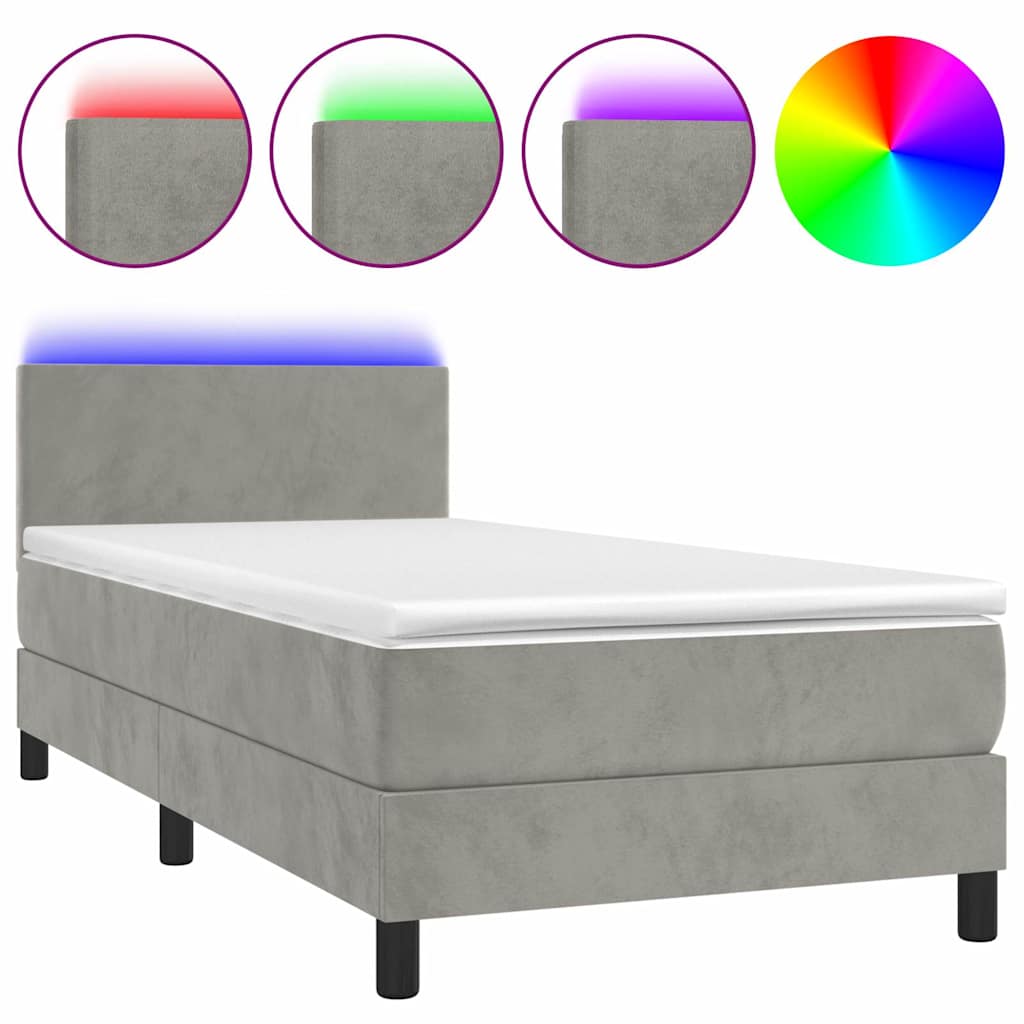 Világosszürke bársony rugós és LED-es ágy matraccal 90x190 cm 2