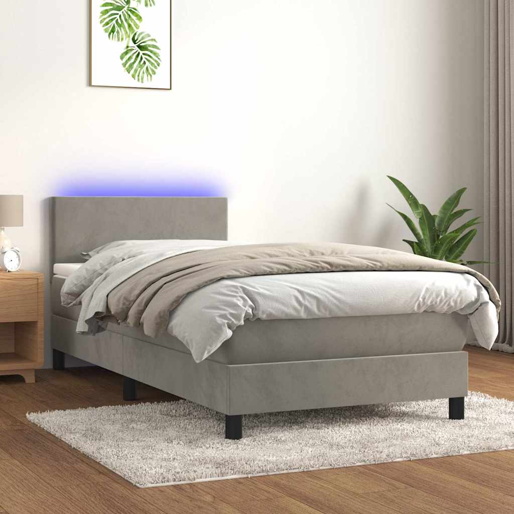 Világosszürke bársony rugós és LED-es ágy matraccal 90x190 cm