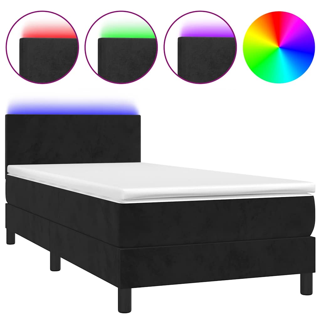 Fekete bársony rugós és LED-es ágy matraccal 90x190 cm 2