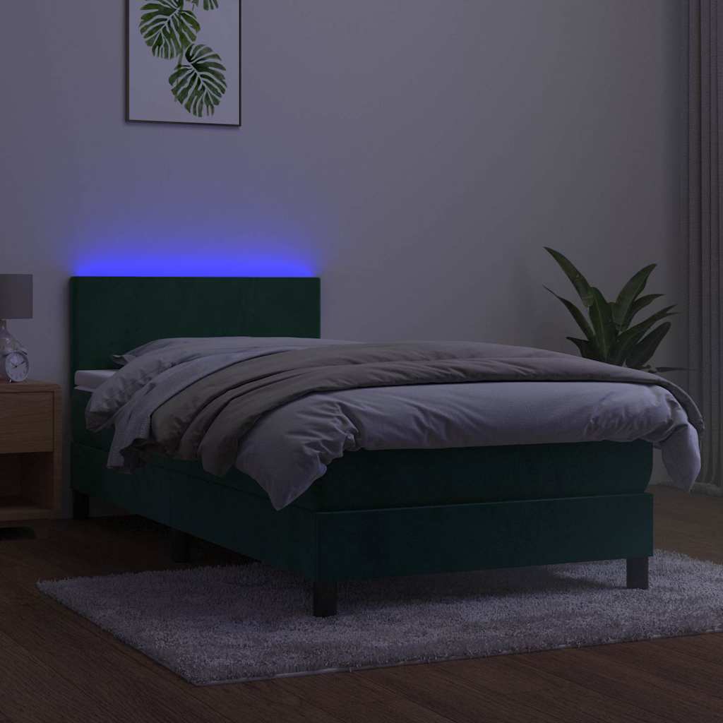 Sötétzöld bársony rugós és LED-es ágy matraccal 90x200 cm 4