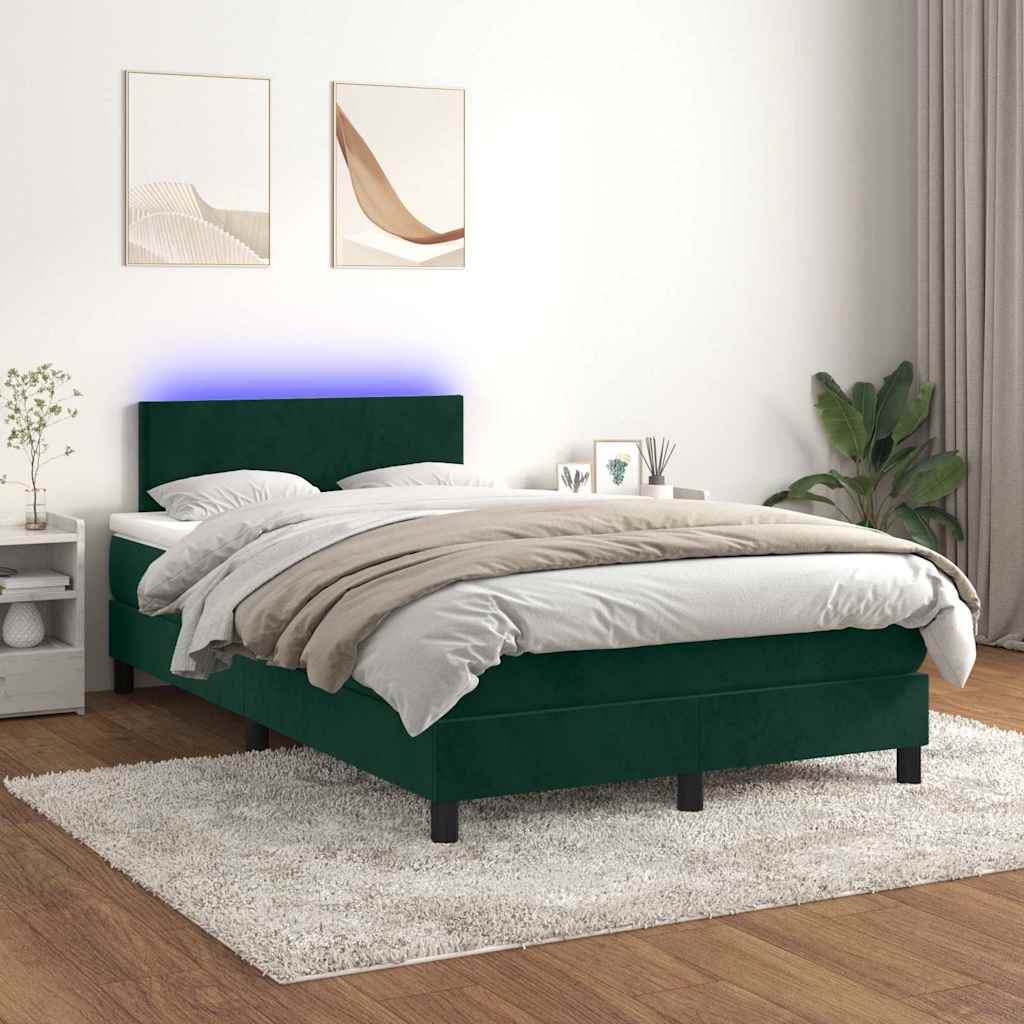 Sötétzöld bársony rugós és LED-es ágy matraccal 120x200 cm