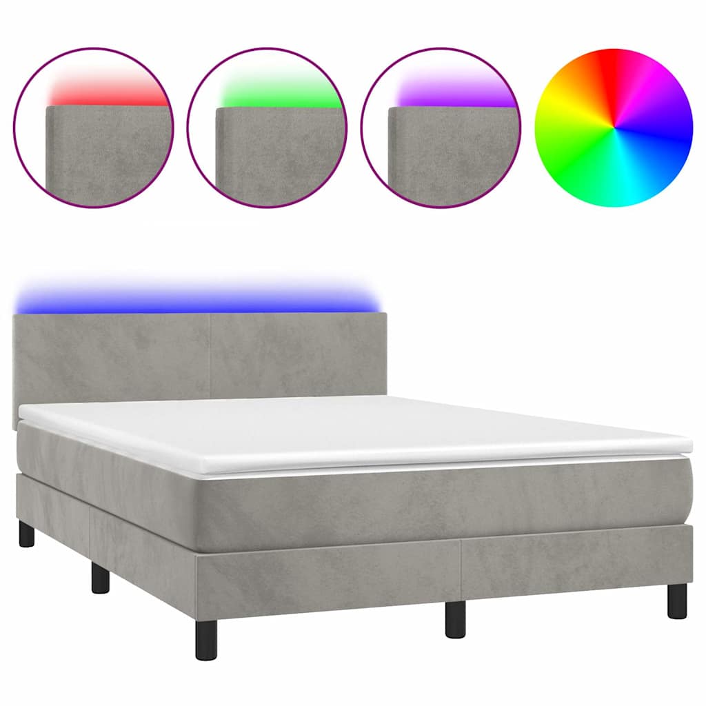 Világosszürke bársony rugós és LED-es ágy matraccal 140x190 cm 2