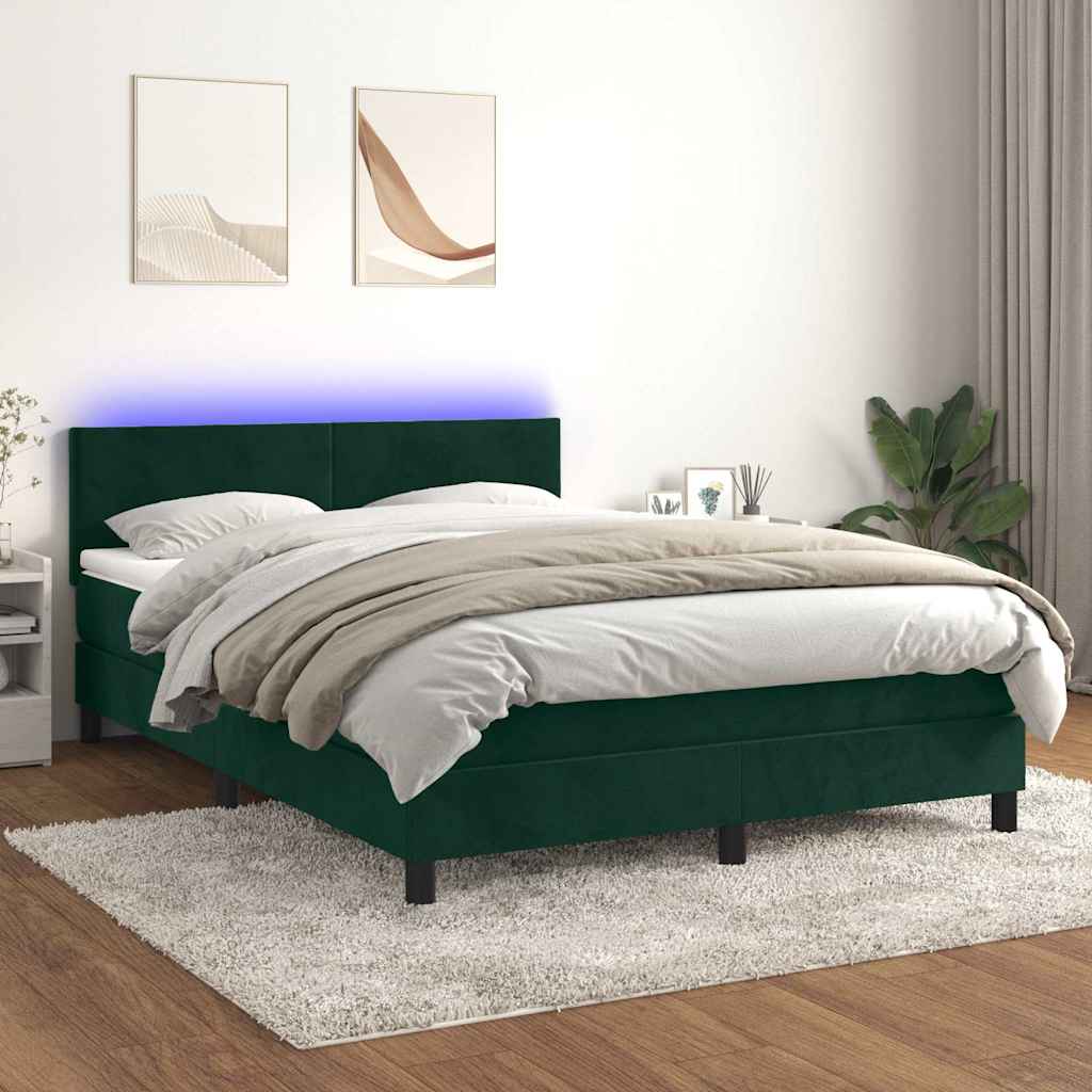 Sötétzöld bársony rugós és LED-es ágy matraccal 140x200 cm