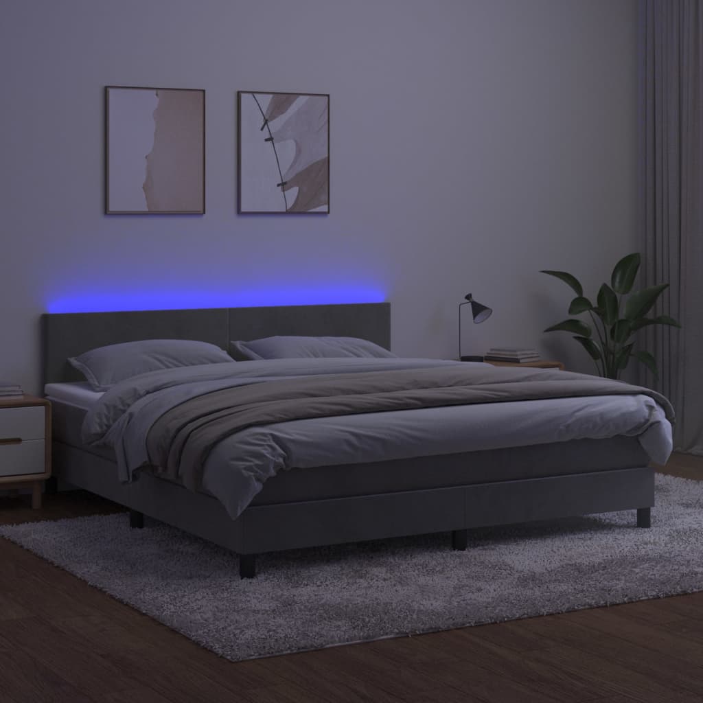 Világosszürke bársony rugós és LED-es ágy matraccal 160x200 cm 3