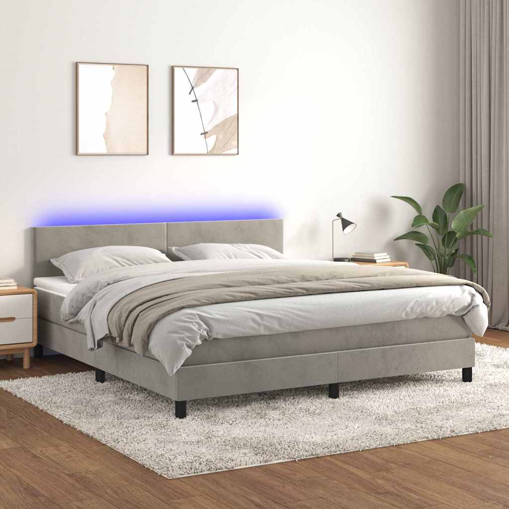 Világosszürke bársony rugós és LED-es ágy matraccal 160x200 cm