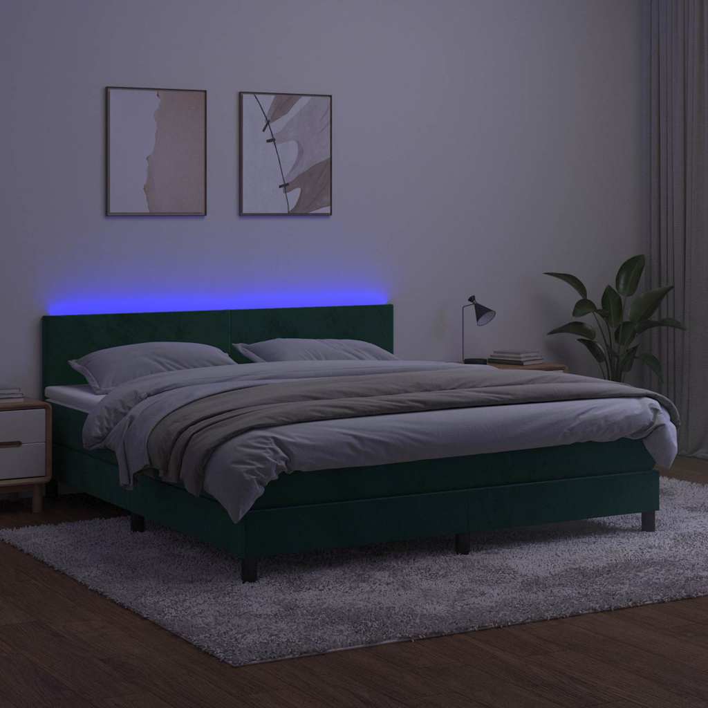 Sötétzöld bársony rugós és LED-es ágy matraccal 180x200 cm 3