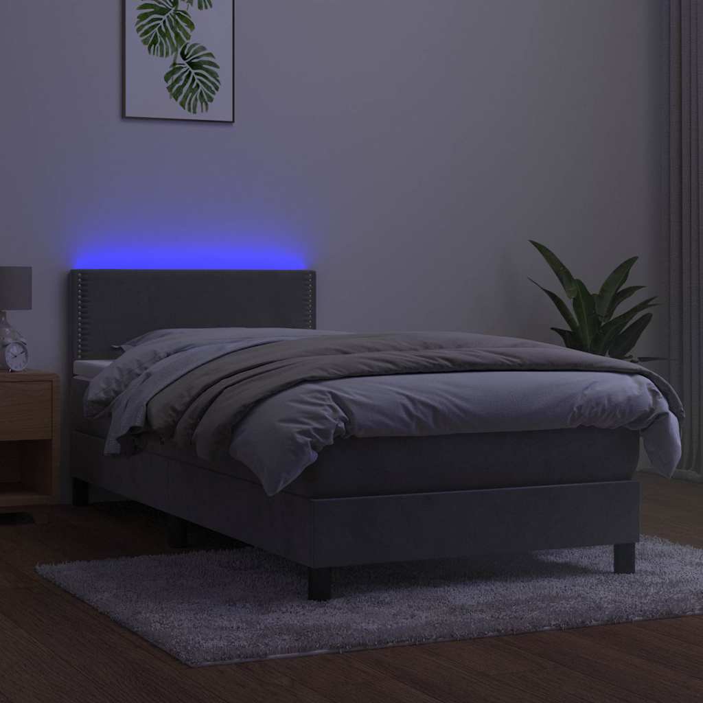Világosszürke bársony rugós és LED-es ágy matraccal 100x200 cm 3