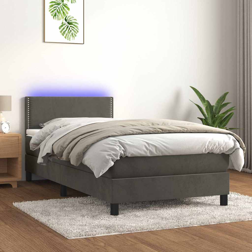 Sötétszürke bársony rugós és LED-es ágy matraccal 100x200 cm