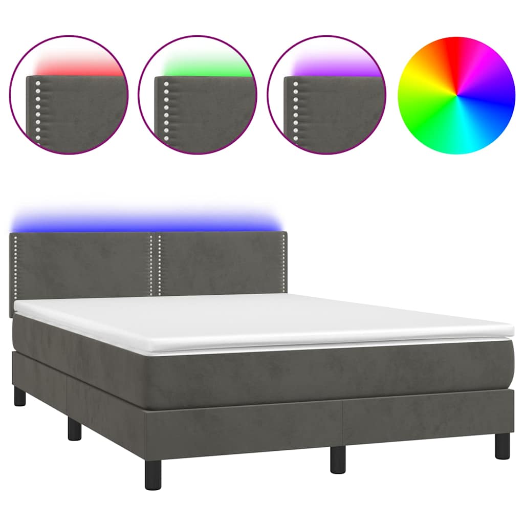 Sötétszürke bársony rugós és LED-es ágy matraccal 140x190 cm 2
