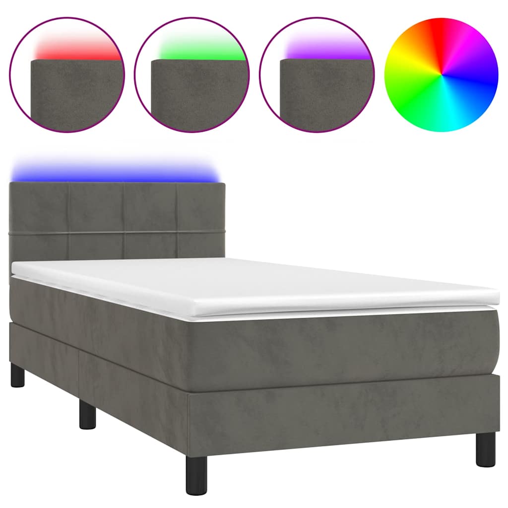 Sötétszürke bársony rugós és LED-es ágy matraccal 90x200 cm 2