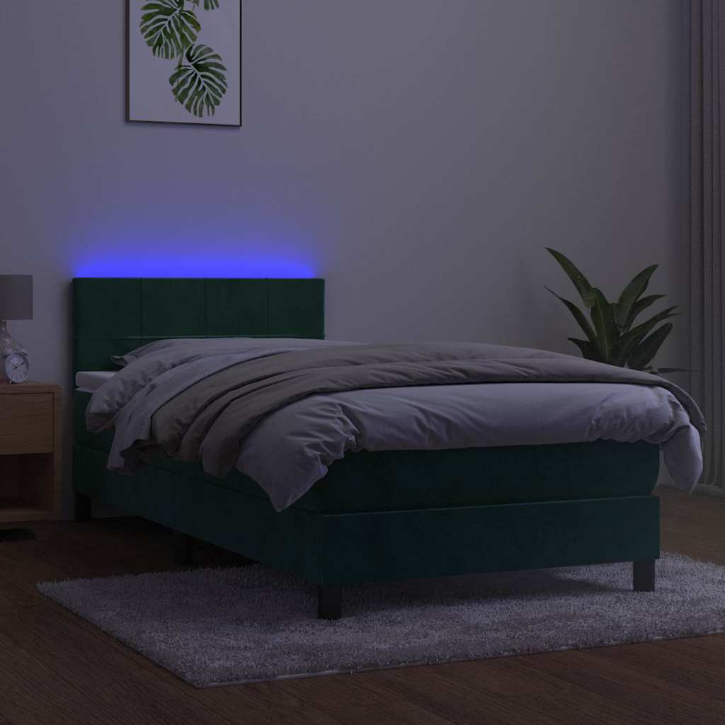 Sötétzöld bársony rugós és LED-es ágy matraccal 90x200 cm 3