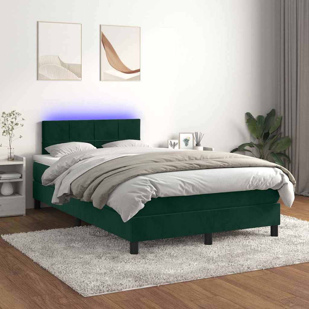 Sötétzöld bársony rugós és LED-es ágy matraccal 120x200 cm
