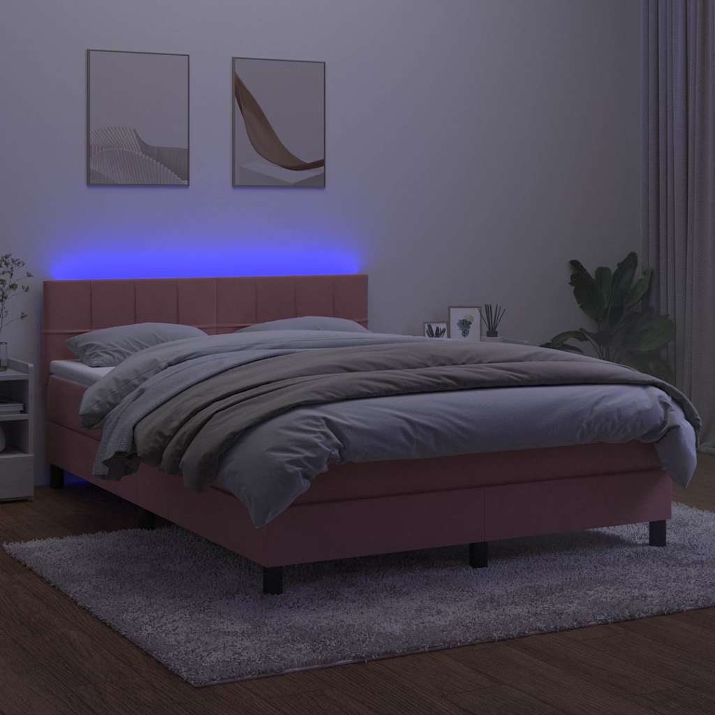 Rózsaszín bársony rugós és LED-es ágy matraccal 140x190 cm 3