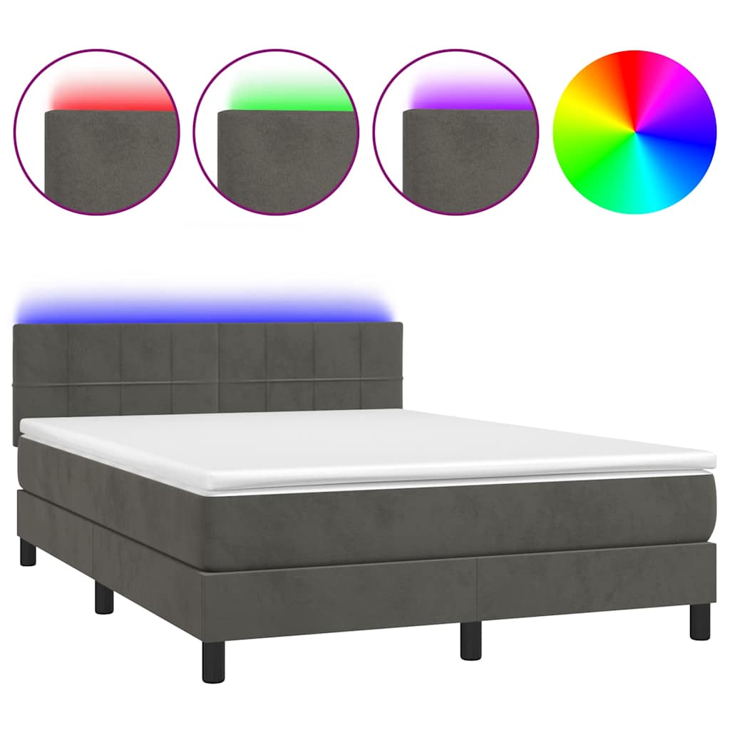 Sötétszürke bársony rugós és LED-es ágy matraccal 140x200 cm 2