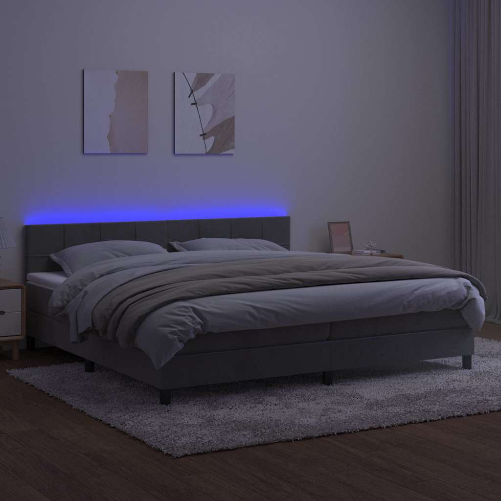 Világosszürke bársony rugós és LED-es ágy matraccal 200x200 cm 4