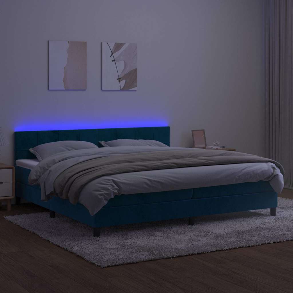 Sötétkék bársony rugós és LED-es ágy matraccal 200x200 cm 4