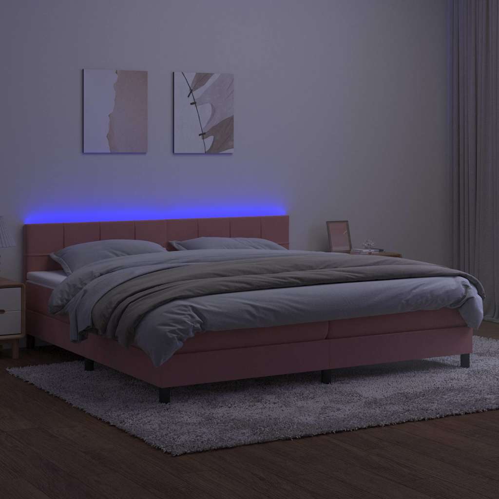 Rózsaszín bársony rugós és LED-es ágy matraccal 200x200 cm 4