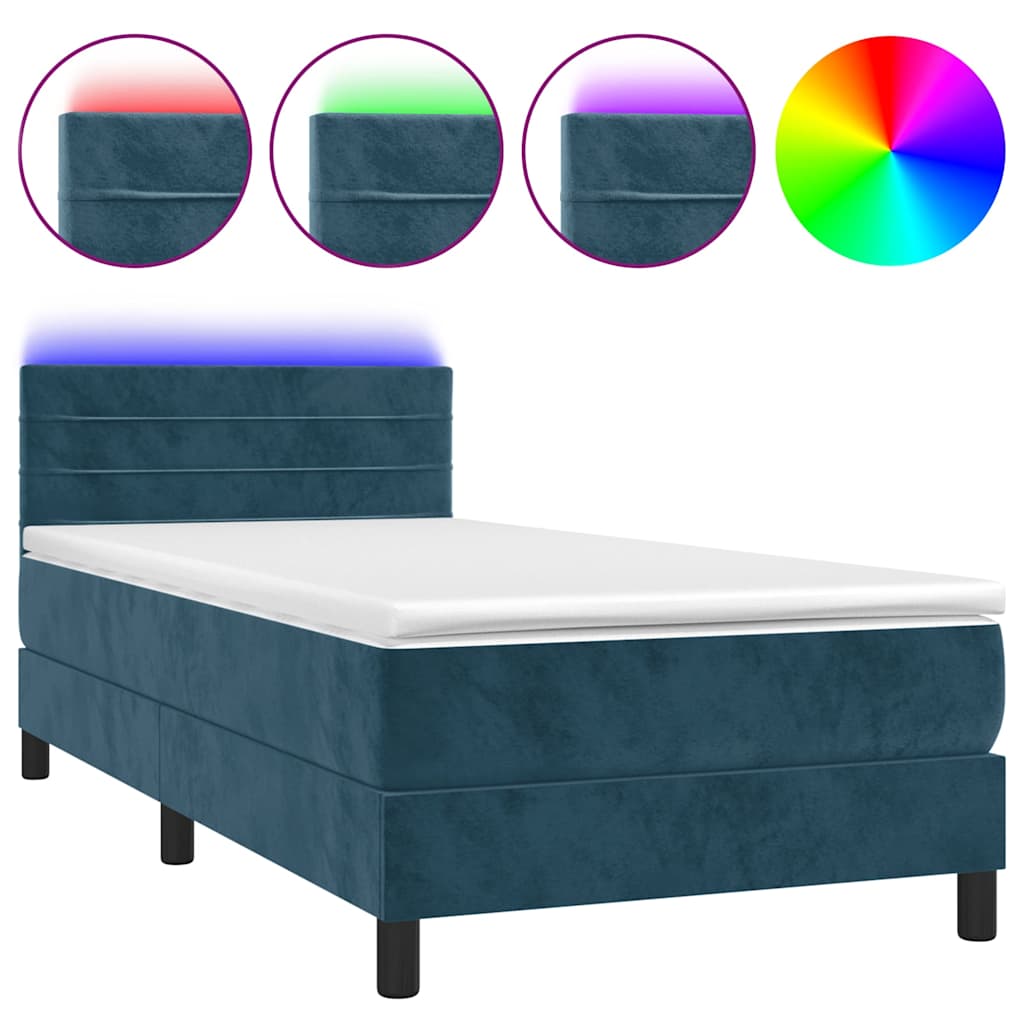 Sötétkék bársony rugós és LED-es ágy matraccal 80 x 200 cm 2