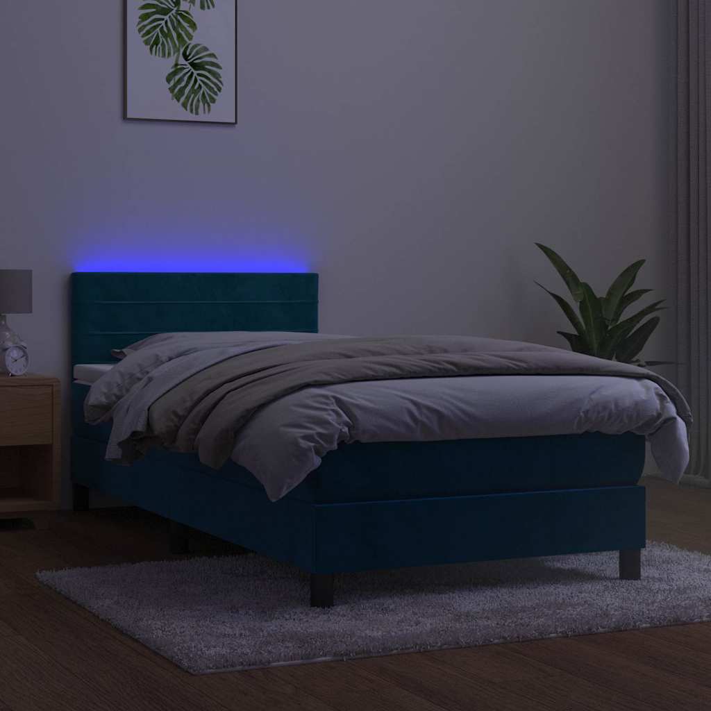 Sötétkék bársony rugós és LED-es ágy matraccal 80 x 200 cm 4