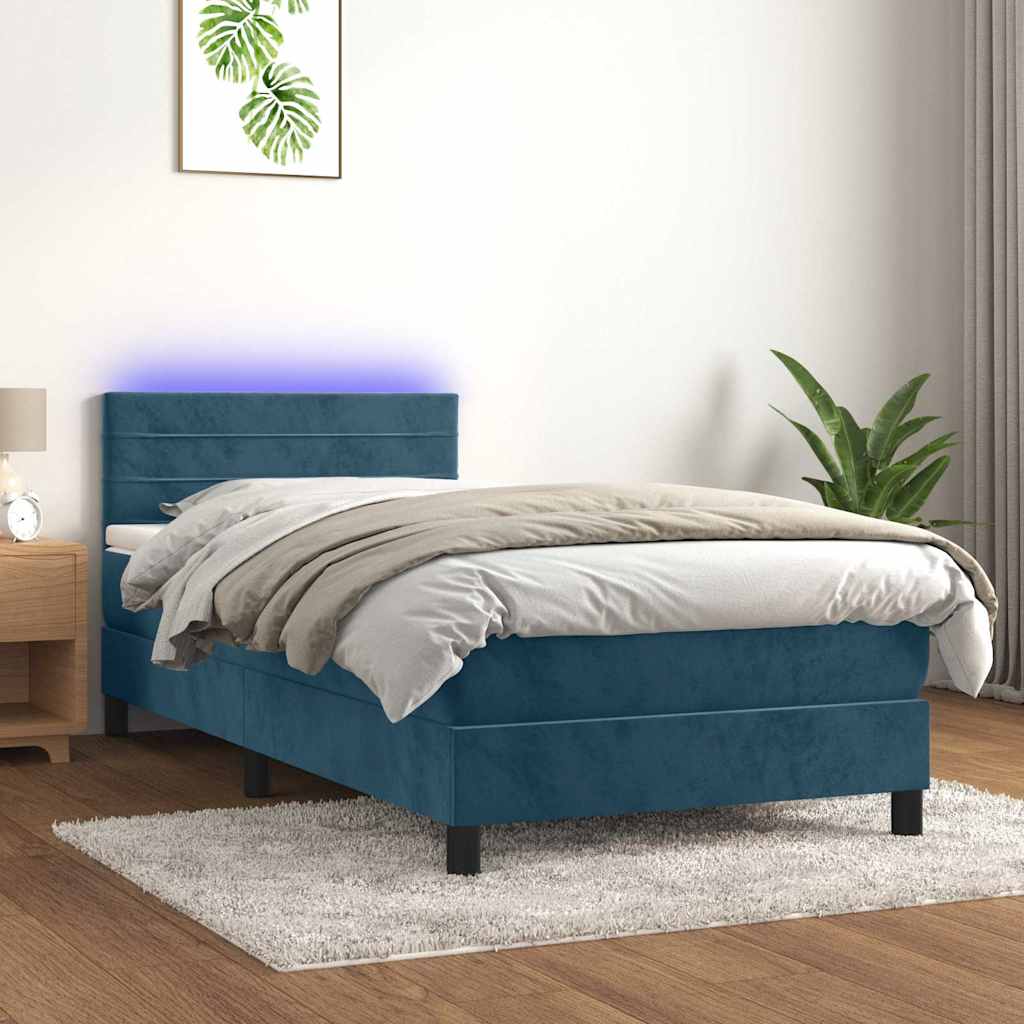 Sötétkék bársony rugós és LED-es ágy matraccal 80 x 200 cm