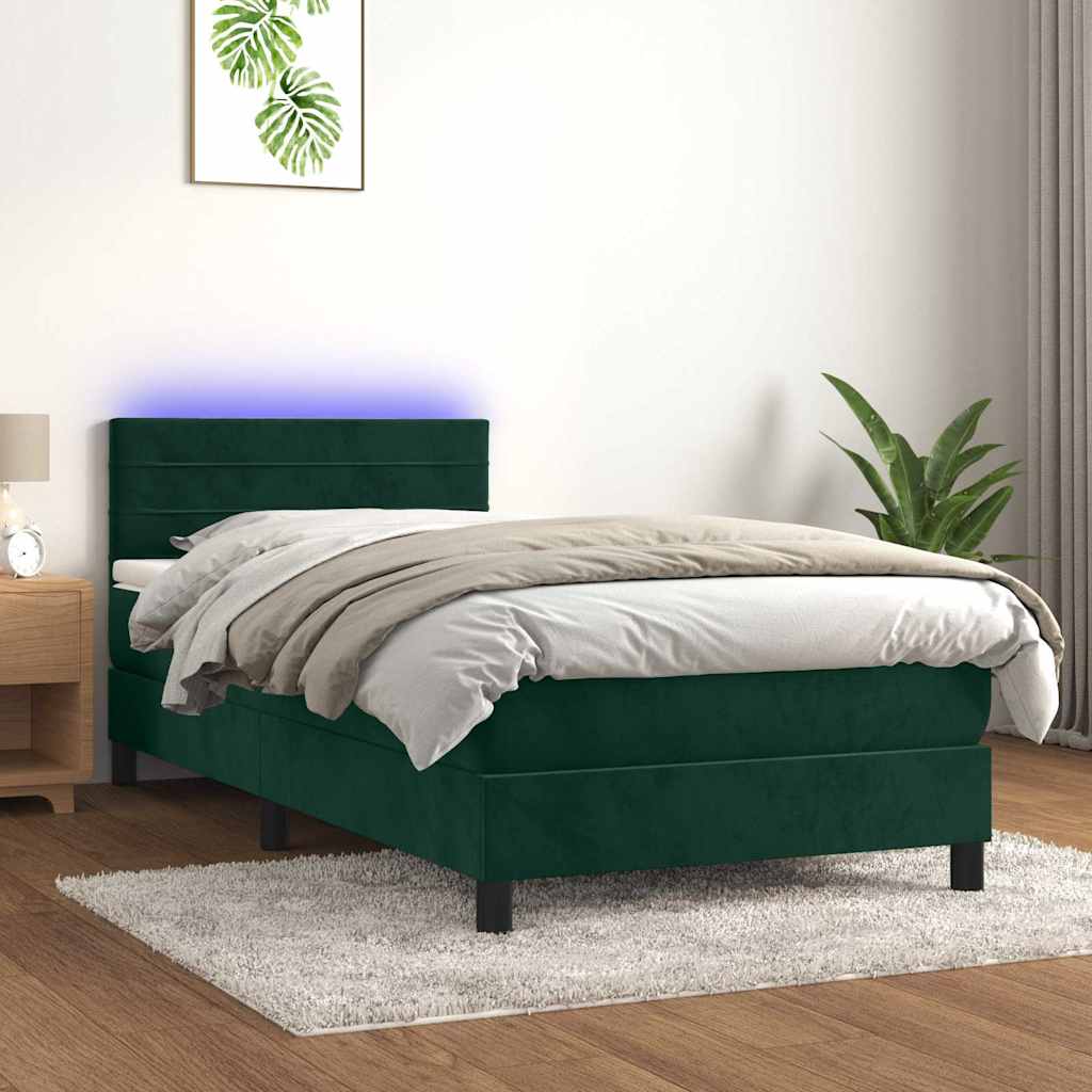 Sötétzöld bársony rugós és LED-es ágy matraccal 90x200 cm