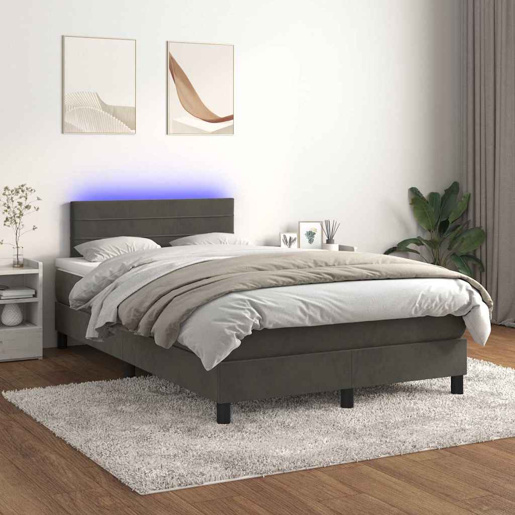 Sötétszürke bársony rugós és LED-es ágy matraccal 120x200 cm