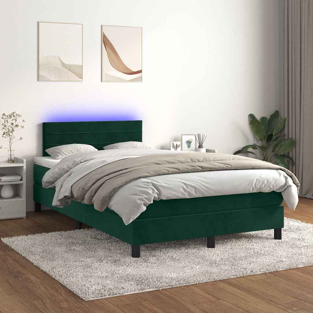 Sötétzöld bársony rugós és LED-es ágy matraccal 120x200 cm