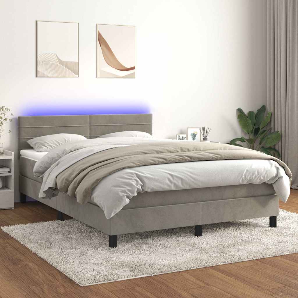 Világosszürke bársony rugós és LED-es ágy matraccal 140x200 cm