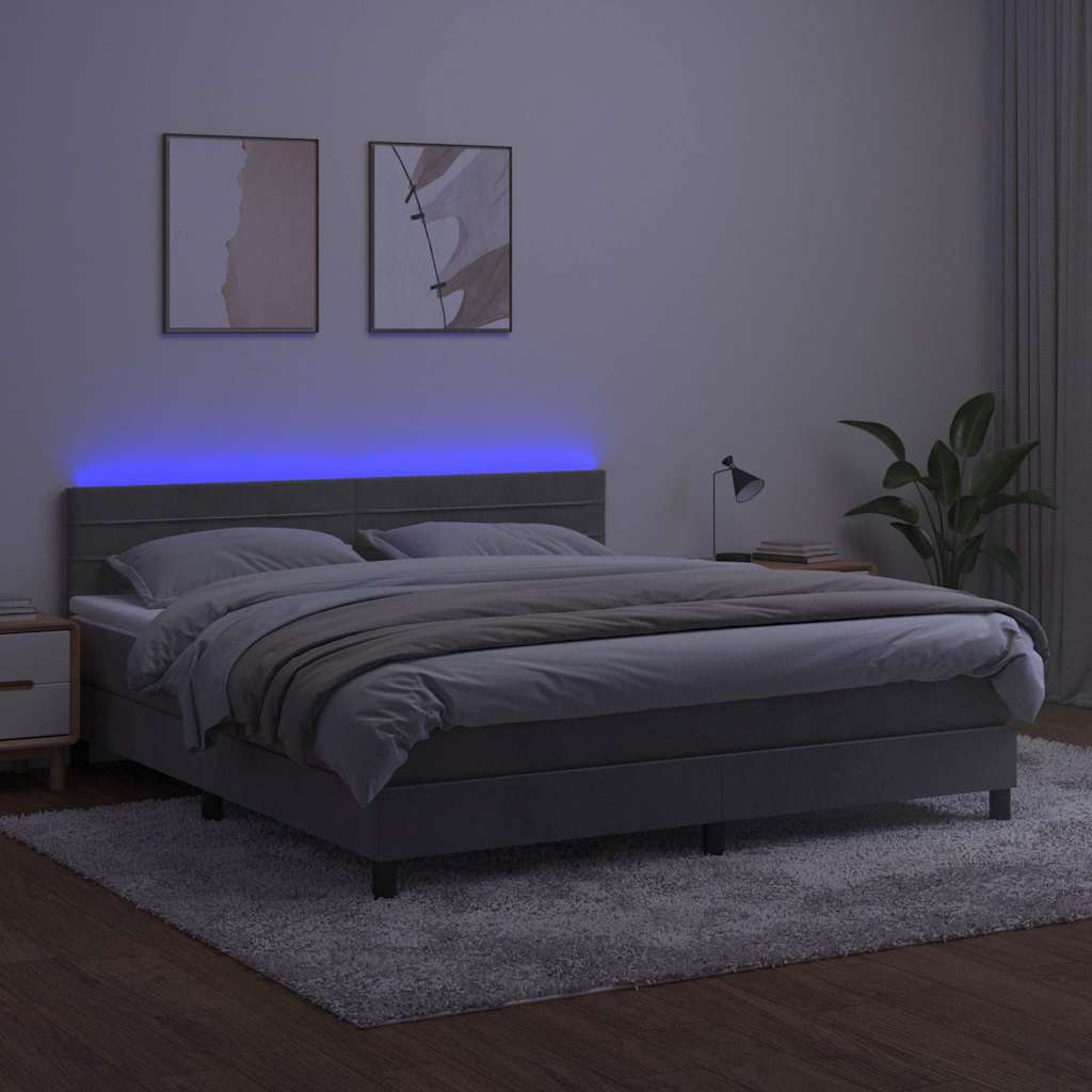 Világosszürke bársony rugós és LED-es ágy matraccal 160x200 cm 4