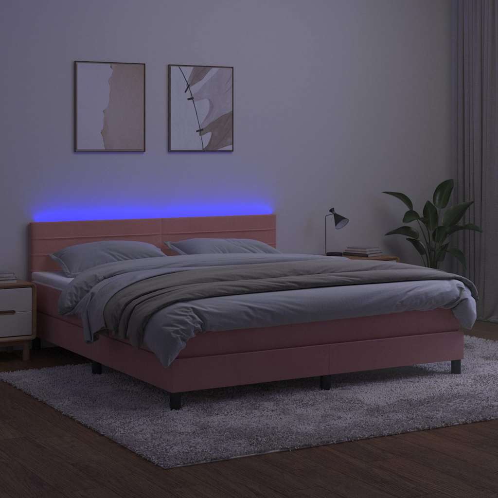 Rózsaszín bársony rugós és LED-es ágy matraccal 180x200 cm 4