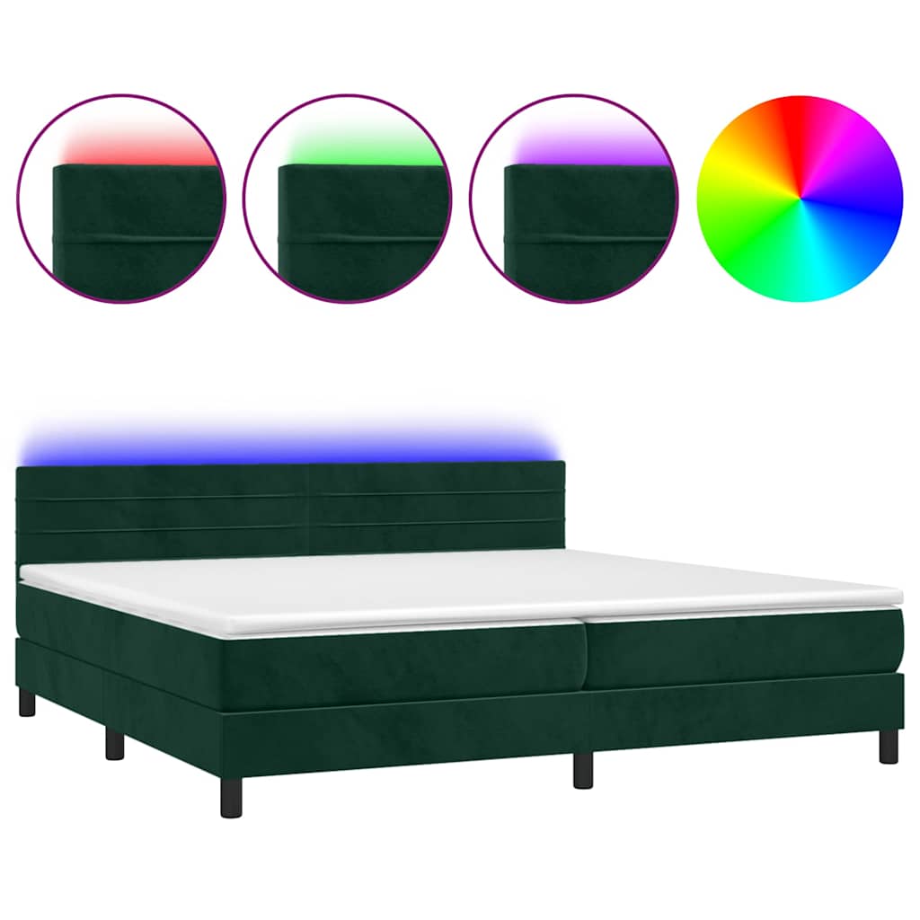 Sötétzöld bársony rugós és LED-es ágy matraccal 200x200 cm 2