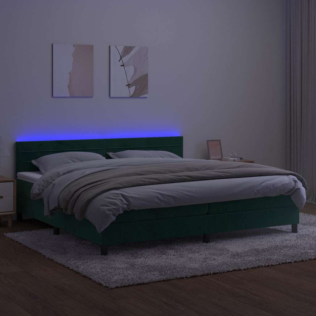 Sötétzöld bársony rugós és LED-es ágy matraccal 200x200 cm 4