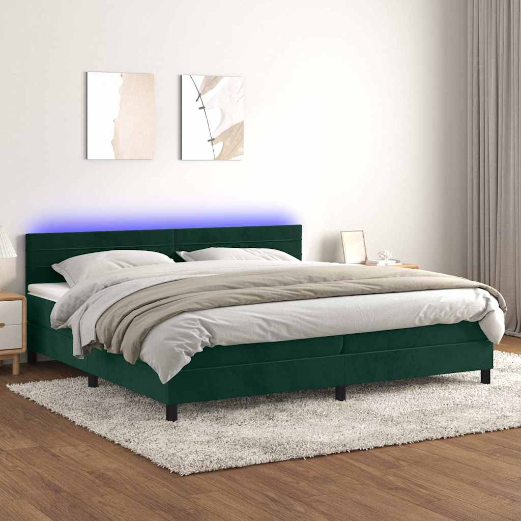 Sötétzöld bársony rugós és LED-es ágy matraccal 200x200 cm