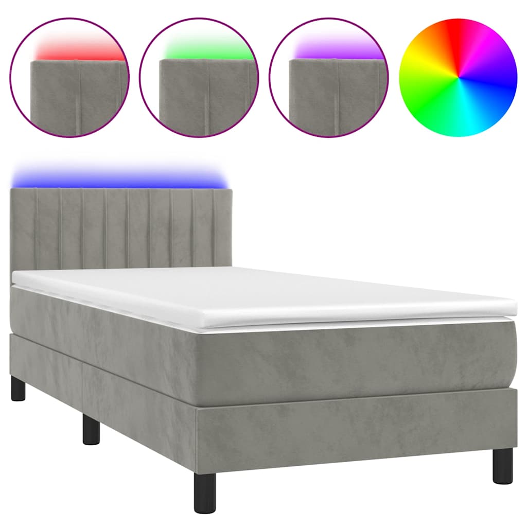Világosszürke bársony rugós és LED-es ágy matraccal 90x200 cm 2