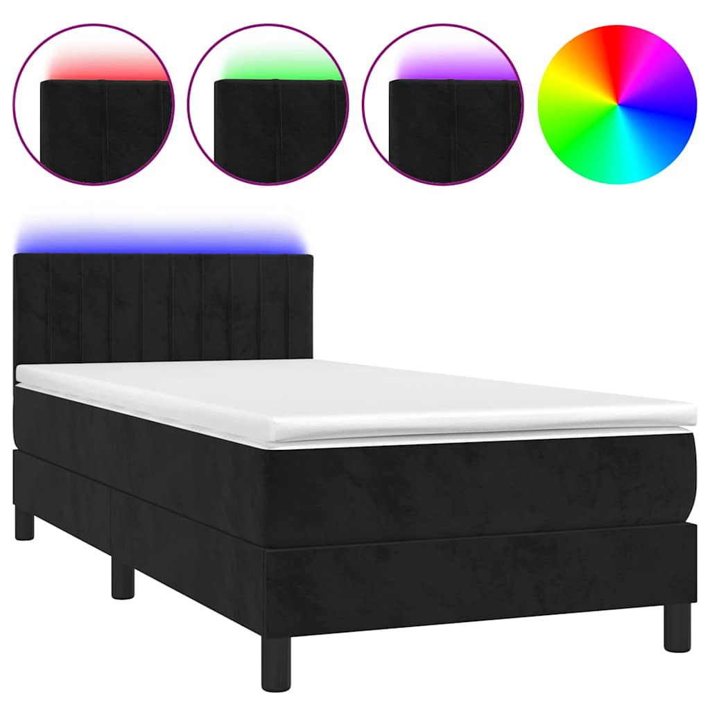Fekete bársony rugós és LED-es ágy matraccal 90x200 cm 2