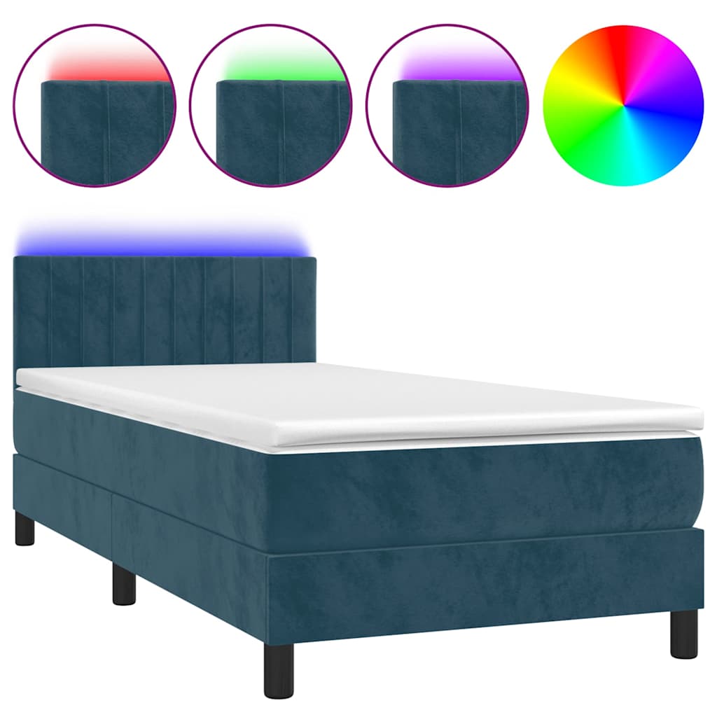 Sötétkék bársony rugós és LED-es ágy matraccal 90x200 cm 2