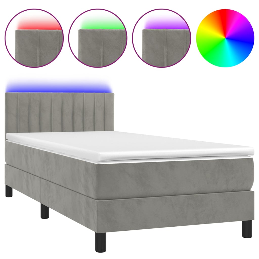 Világosszürke bársony rugós és LED-es ágy matraccal 100x200 cm 2