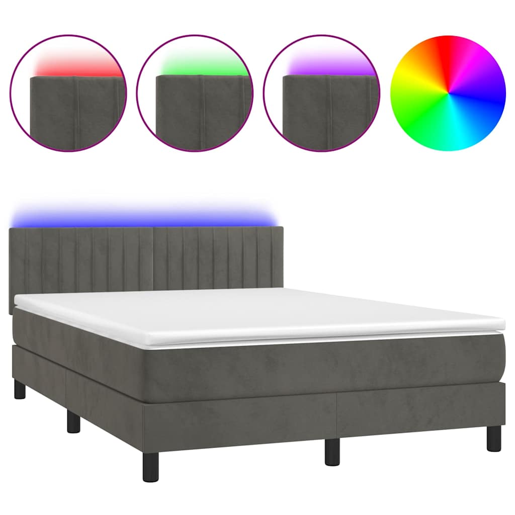 Sötétszürke bársony rugós és LED-es ágy matraccal 140x190 cm 2